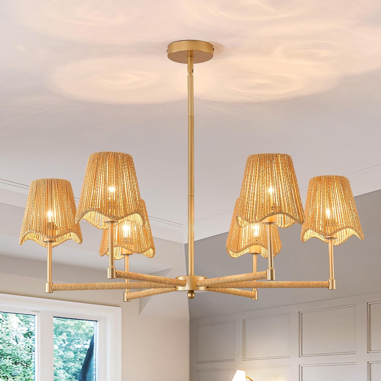 6-Light Boho Rattan Chandelier Hand Woven Rustic Pendant Light Large Adjustable Farmhouse Hanging Lighting Fixtures for Kitchen Island Dining Room Living Room