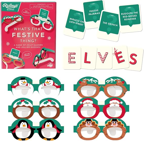 Ridleys Games: Whats that Festive Thing? Holiday Party Card Game with 120 Festive Cards, 60 Letter Cards & Card-Holder Glasses Family Game Night, Ages 8+, 26 Players