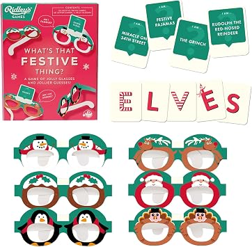 Ridleys Games: Whats that Festive Thing? Holiday Party Card Game with 120 Festive Cards, 60 Letter Cards & Card-Holder Glasses Family Game Night, Ages 8+, 26 Players