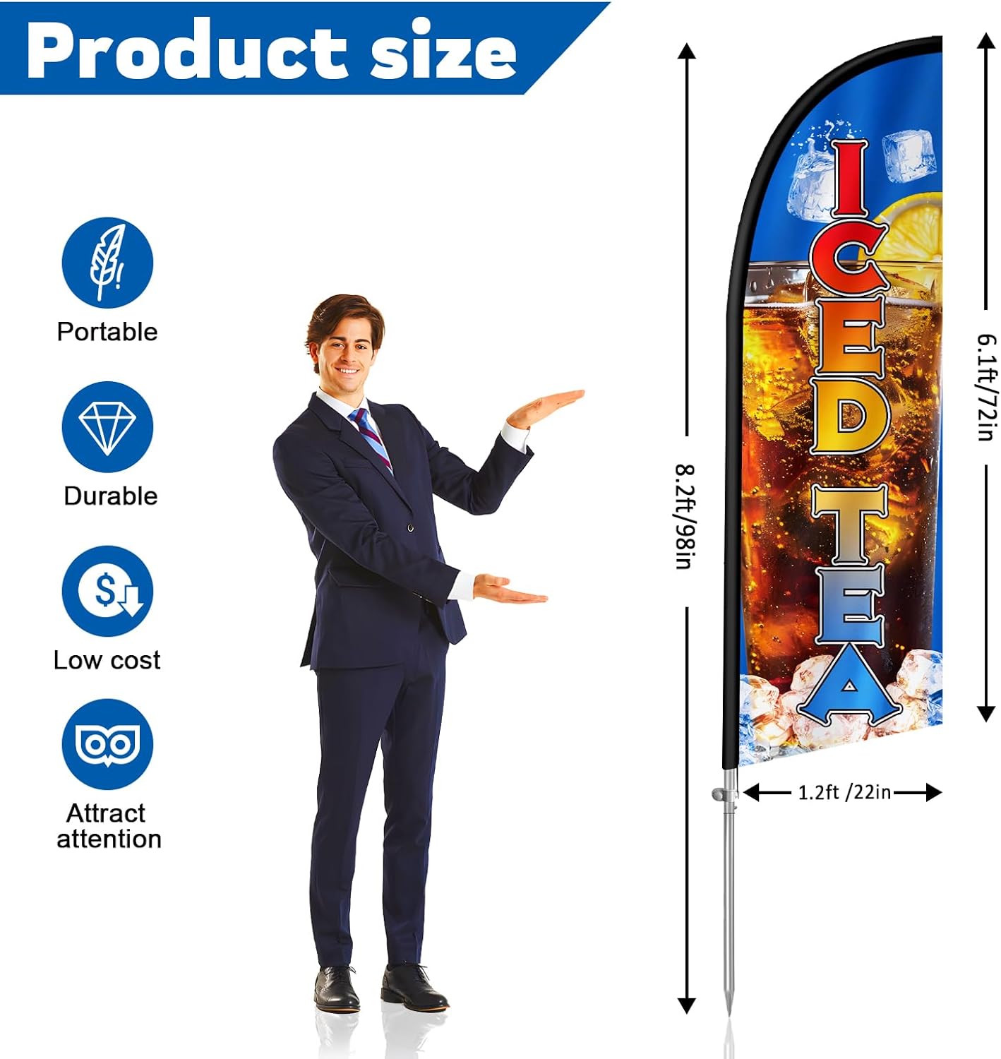 Double Sided Iced Tea Feather Flag 8FT, Outdoor Advertising Swooper Banner with Pole Kit for Drink Stand, Food Truck & Small Business, Polyester Flag with Ground Spike & Carry Bag