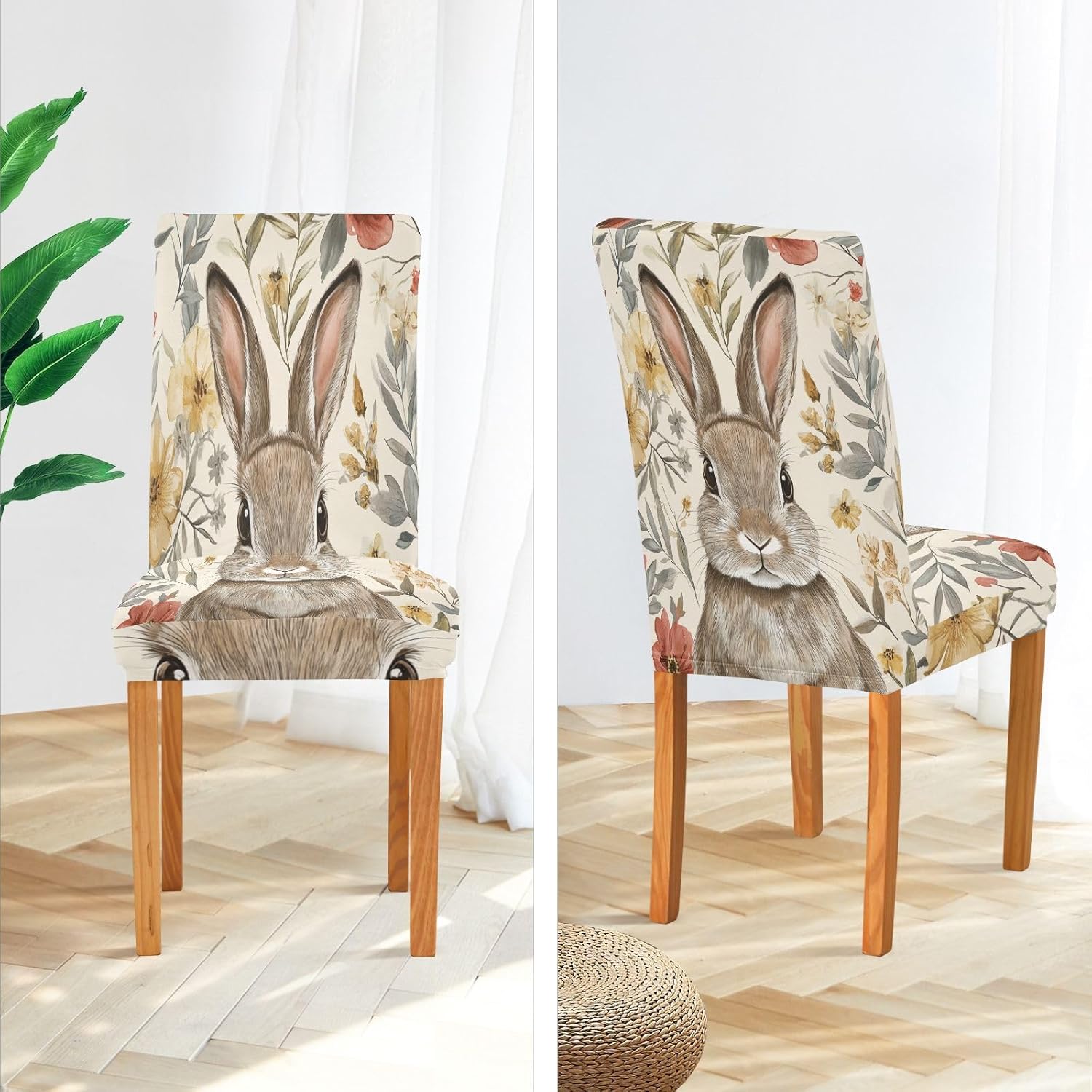 ALAZA Chair Covers for Dining Room, Happy Easter Easter Bunny Floral Hand Painted Stretch Chair Cover Sets Chair Protector Removable Washable for Ktichen Restaurant Hotel