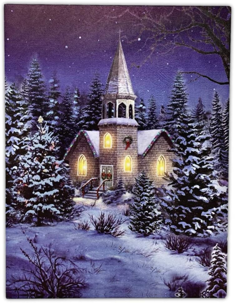 BANBERRY DESIGNS Lighted Church Canvas Print - Religious Christmas Wall Art - Snowy Church with Steeple in Woods - Winter Night Scene with Glowing Windows - Snow Flocked Trees - 15.75" x 11.75"