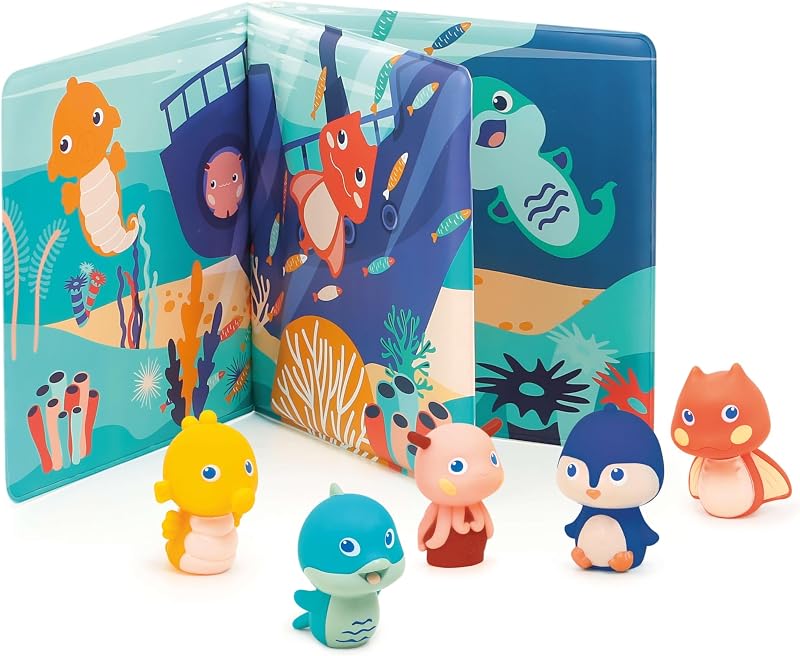 LUDI - Livre d'éveil en Plastique pour Jouer à l'heure du Bain - 5 marionnettes de Doigts : Thème Fond Marin - Facile à Nettoyer - Développe Le langage - Dès 10 Mois