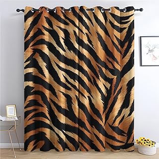 Tiger Print Blackout Curtains for Living Room Bedroom, Thermal Insulated Room Darkening Grommet Drapes, Tiger Skin Animal Fur Window Curtains & Home Decor, 63 Inch Curtains 2 Panel Set