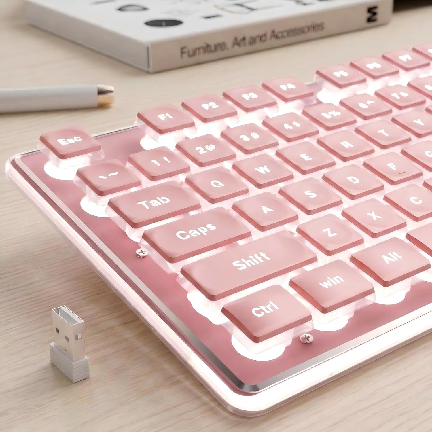 EWEADN X7S Wireless Keyboard with White Backlit, Metal Panel, 2.4G Rechargeable Computer Keyboard Silent Light up Full Size Cute Keyboards for Win & MAC - Pink
