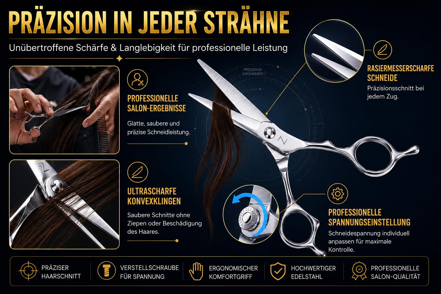 6-Zoll professionelle Haarschneideschere mit ultrascharfen Klingen, hochwertige Haarschere aus Edelstahl für und müheloses Schneiden, ideale Friseurschere für den Einsatz zu Hause und im Salon