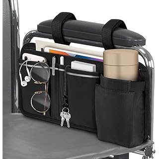 FINPAC Wheelchair Side Organizer Bag with Cup Holder, Wheelchair Armrest Accessories Pouch with Pen Slot and Reflective Strips for Power Wheelchairs, Walkers, Rollators, Adults, Seniors - Black