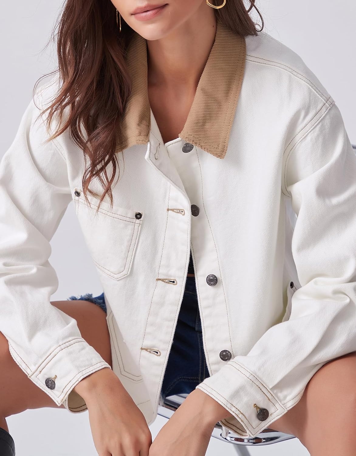 Kedera Women's Denim Jacket with Corduroy Collar Loose Fit Button Down Jean Shacket Vintage Classic Trendy Jean Jacket - Image 4