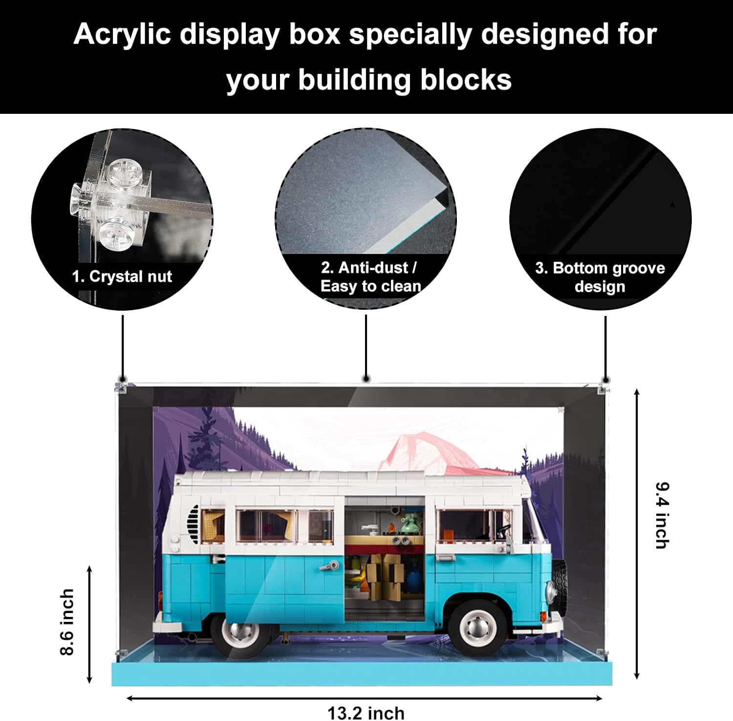 Vaodest Acrylic Display Case for Lego 10279 Volkswagen T2 Camper Van Set,3MM HD Dustproof Transparent Display Box for Lego 10279 Model(Box Only, Not Lego Building Set)