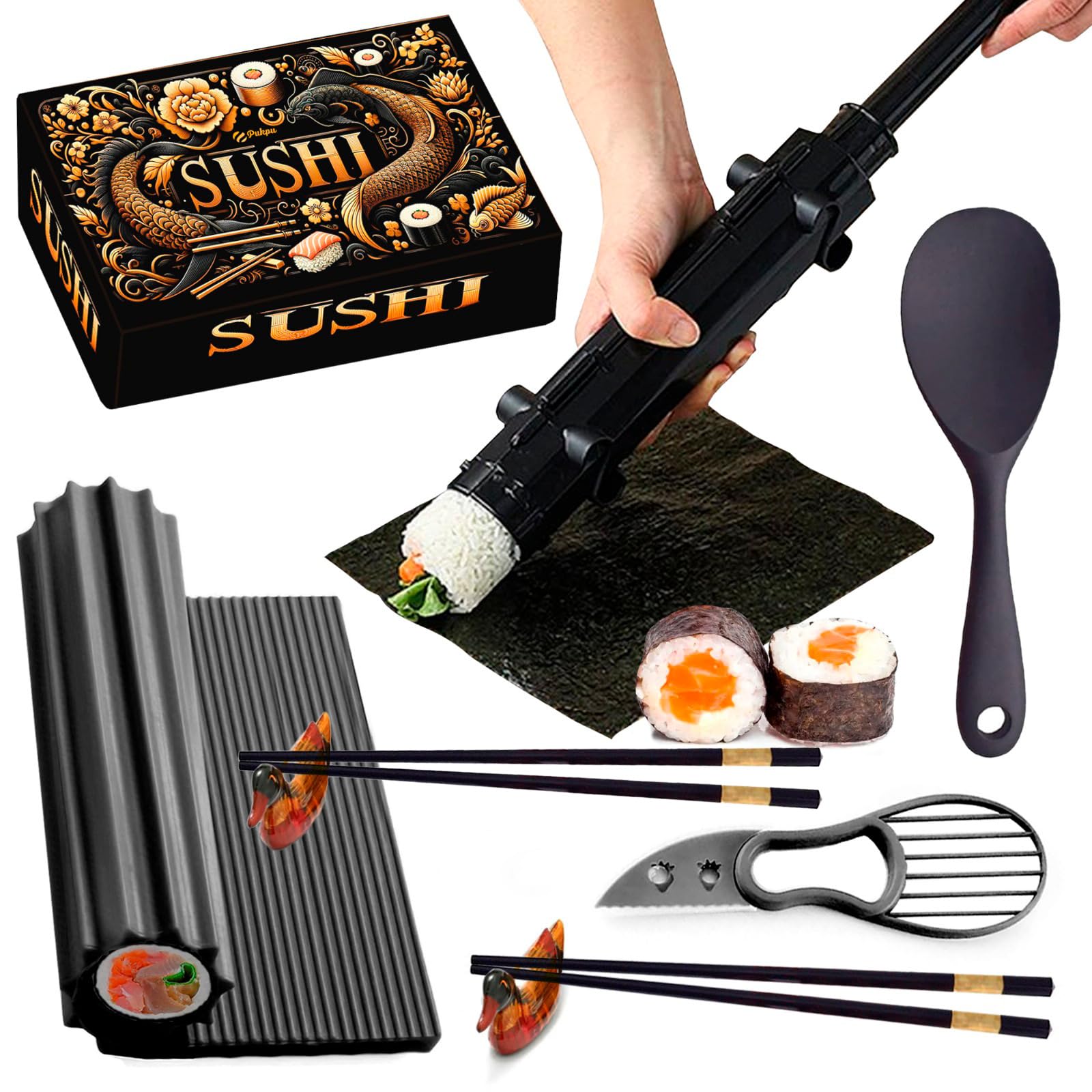 Kit Sushi 8 Pezzi – Sushi Maker Bazooka per Fare Sushi in Casa con Tappetino Silicone, Cucchiaio Riso, Bacchette, Supporti e Taglia Avocado