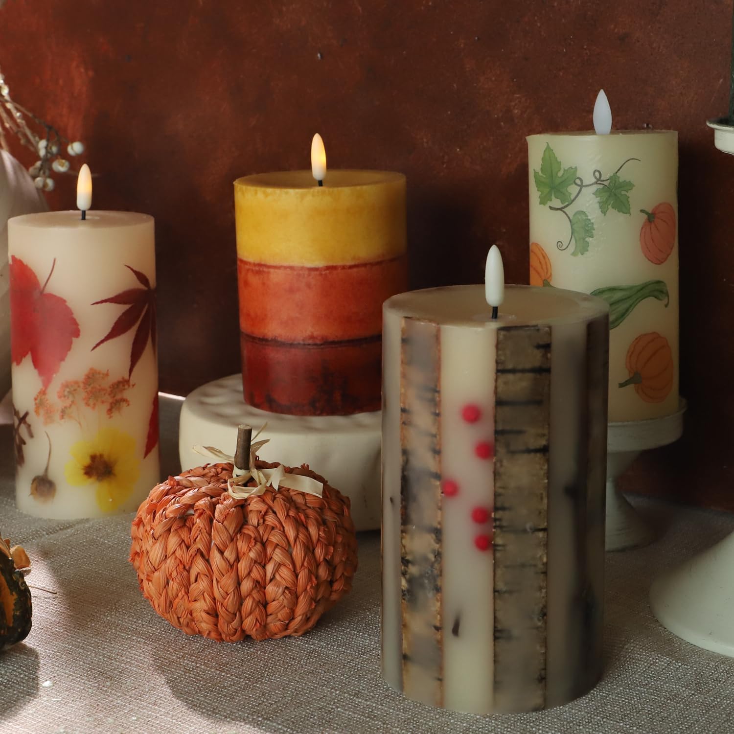 Thanksgiving Flameless Candles with Remote Red Orange Yellow Layered Flickering Pillar Candles Battery Operated (3.5" × 4.5") - Concave Edge, Real Wax, Unscented - Ideal for Fall Decorations