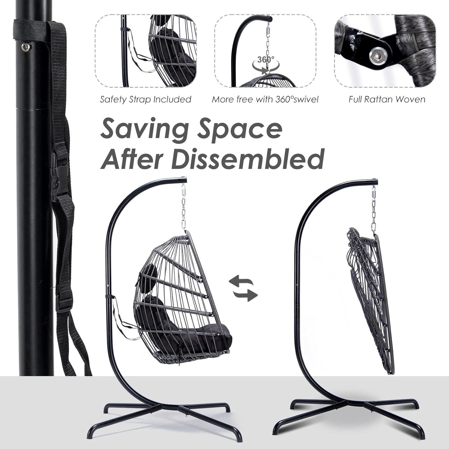 Outdoor Hanging Egg Chair with Stand PE Rattan Wicker Swing Chair with Water Resistant Cushions Hanging Egg Chair Foldable Basket for Indoor Bedroom Patio Garden 350lbs Capacity (Dark Grey)