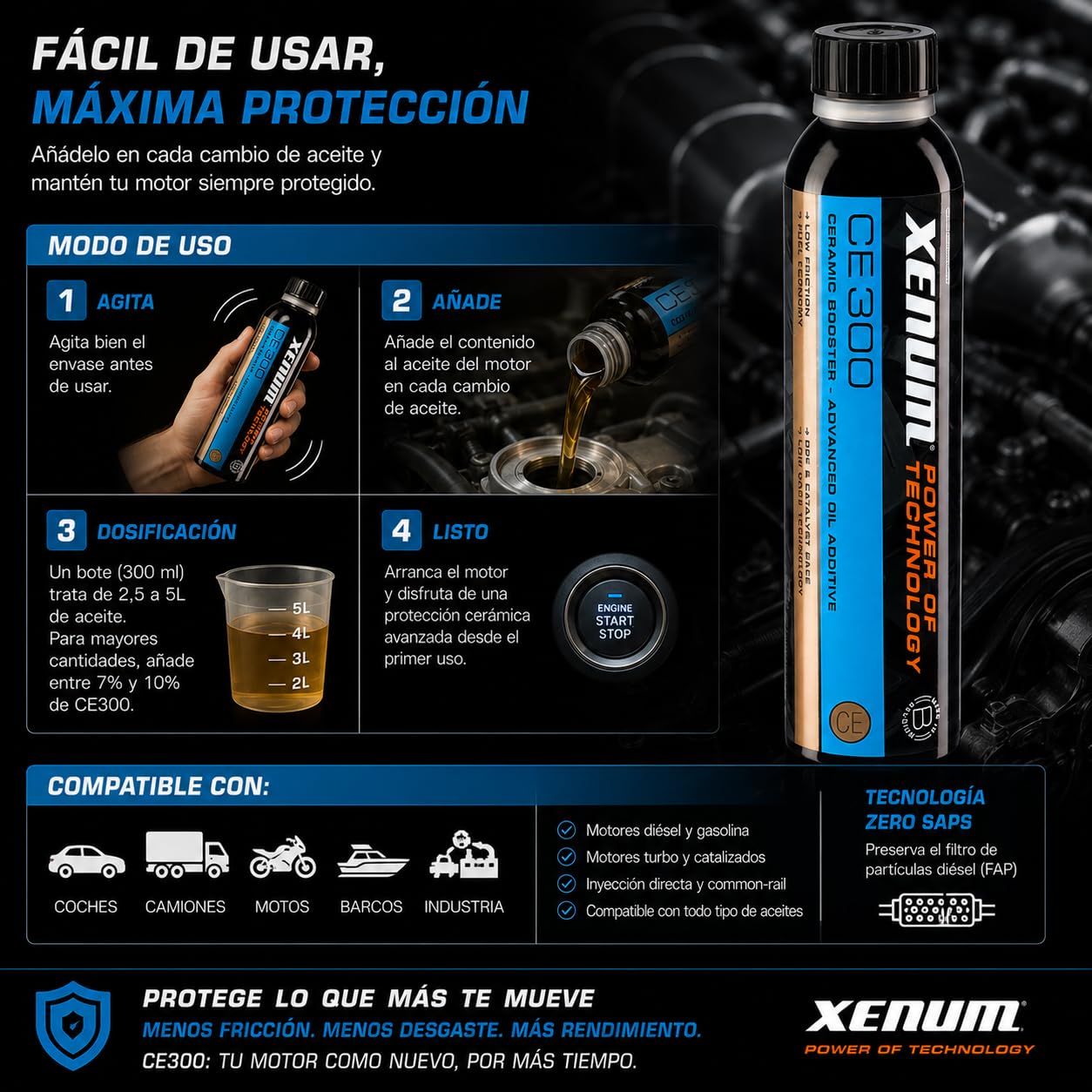 Genérico Xenum CE300 Aditivo Cerámico para Aceite de Motor 300 ml | Reduce Fricción, Ruido y Desgaste | Mejora Rendimiento y Consumo | Compatible Diésel y Gasolina | Coches, Motos, Camiones y Barcos