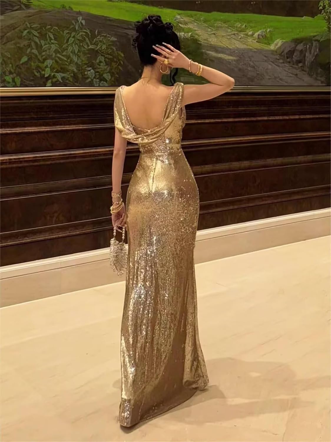 Sequin Prom Dresses for Women Off The Shoulder Mermaid Evening Dress Sparkly Long Ball Gown with Slit