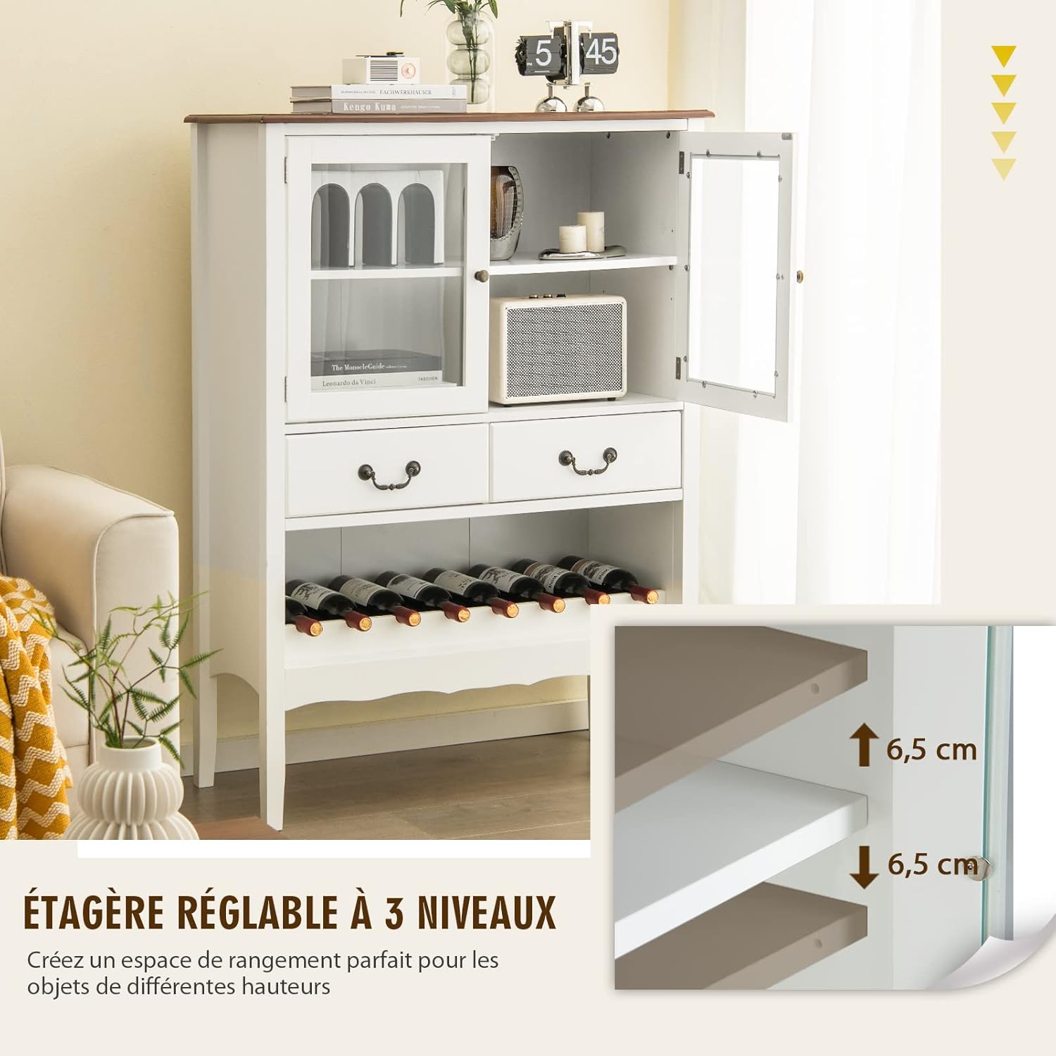 Image showing the adjustable shelf with 3 levels, each 6.5 cm apart.