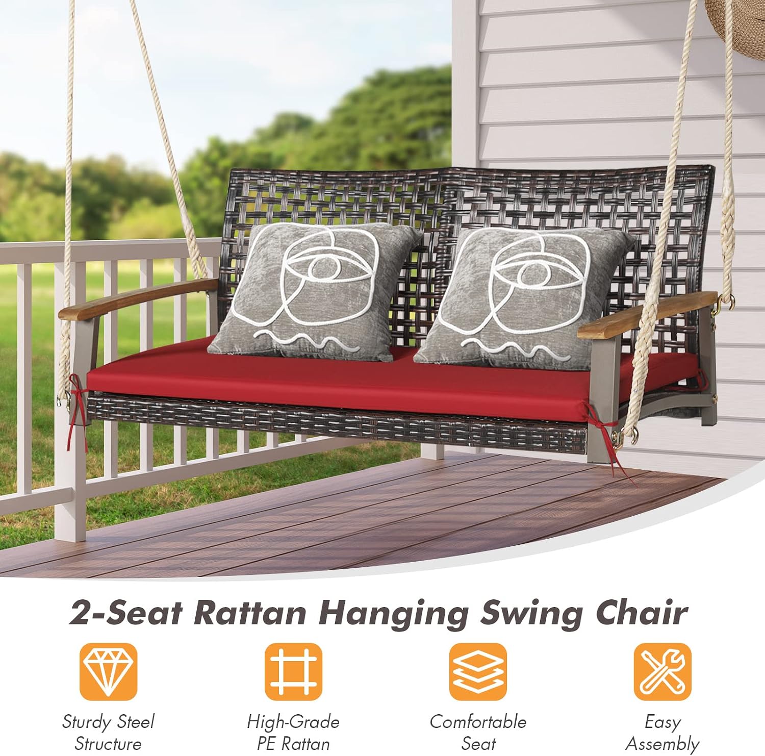 DORTALA Hanging Porch Swing, 2 Person Outdoor Wicker Rattan Swing Chair Bench with Cushion, Ropes for Patio, Garden, Backyard, Mix Brown+Red