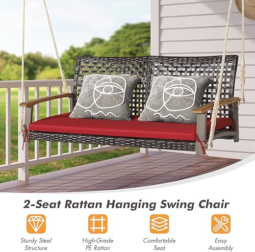 Miniatura 4 de Happygrill Silla oscilante de ratán para porche de 2 asientos, banco oscilante de mimbre para exteriores con cojín de asiento y reposabrazos de