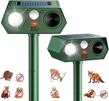 2026 Upgraded Solar Ultrasonic Animal Repeller Outdoor, Waterproof Motion Activated Repellent with Flash Light for Deer Cat Squirrel Raccoon Rabbit Dog Garden Yard