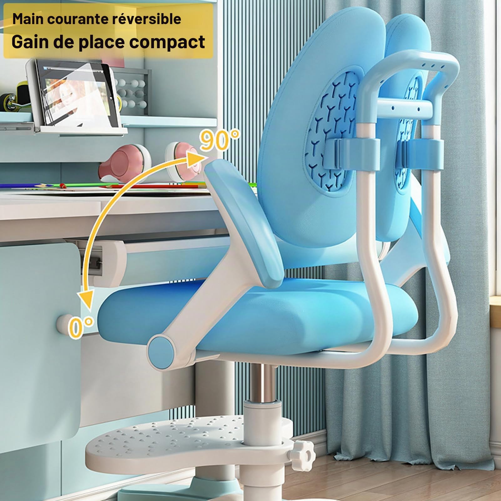Chaise de Bureau pour Enfants, Chaise Ergonomique avec Accoudoirs et Repose-Pieds, Chaise d'Étude Réglable en Hauteur et en Profondeur pour Garçons et Filles, Fauteuil de Bureau Pivotante (Rose)