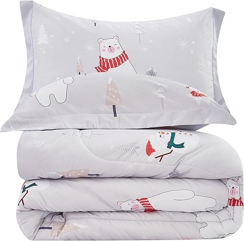 Juego de edredón de Navidad para niños y niñas, lindo juego de ropa de cama reversible con estampado de oso muñeco de nieve, reno, conejo, con funda