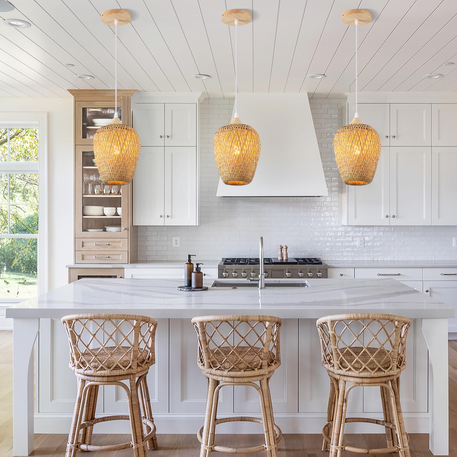 Lampenschirm Bambus Und Holz Boho,Handgewebt Doppelschicht Pendelleuchte Esstisch Vintage KüChe Lampe Dekor Eine-Licht HäNgelampe FüR Schlafzimmer Kronleuchter Wohnzimmer