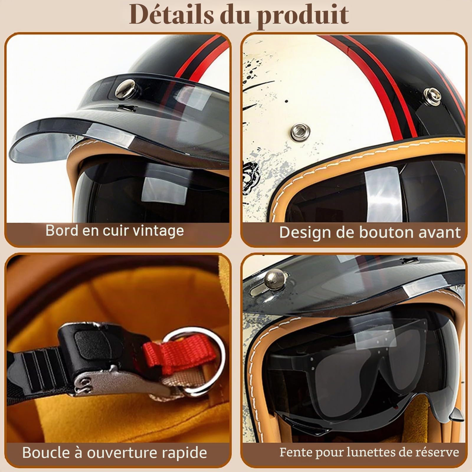 Demi Casque de Moto Vintage, Casque Ouvert Hommes Femmes, Casque de Moto Rétro Demi-Jet avec Visière Solaire, Adultes Casque Scooter Cruiser Cyclomoteur, Homologué ECE/Dot 54-63cm