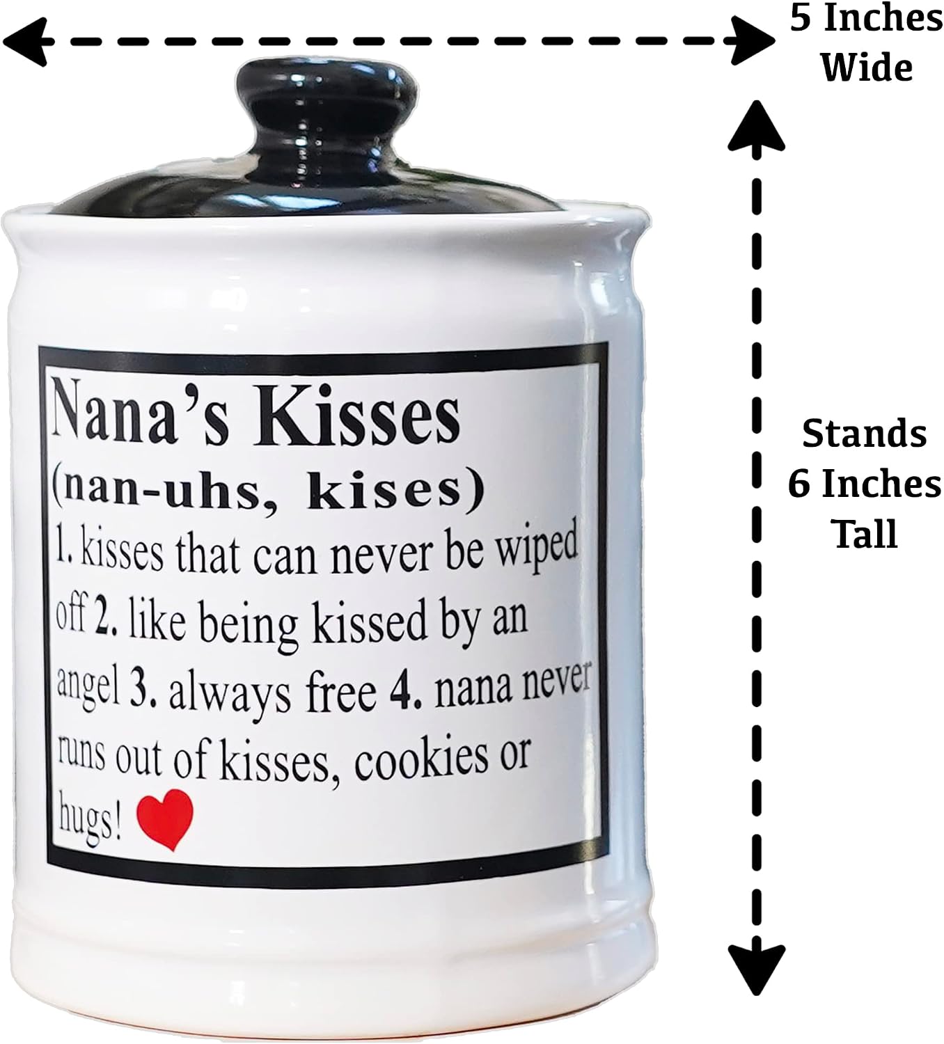 Cottage Creek Nana's Kisses Adult Piggy Bank, Gift Boxed Ceramic Black and White Kitchen Candy Jar, Storage Containers, Ideal Gifts for Women, Nana, Grandma, New Grandparents