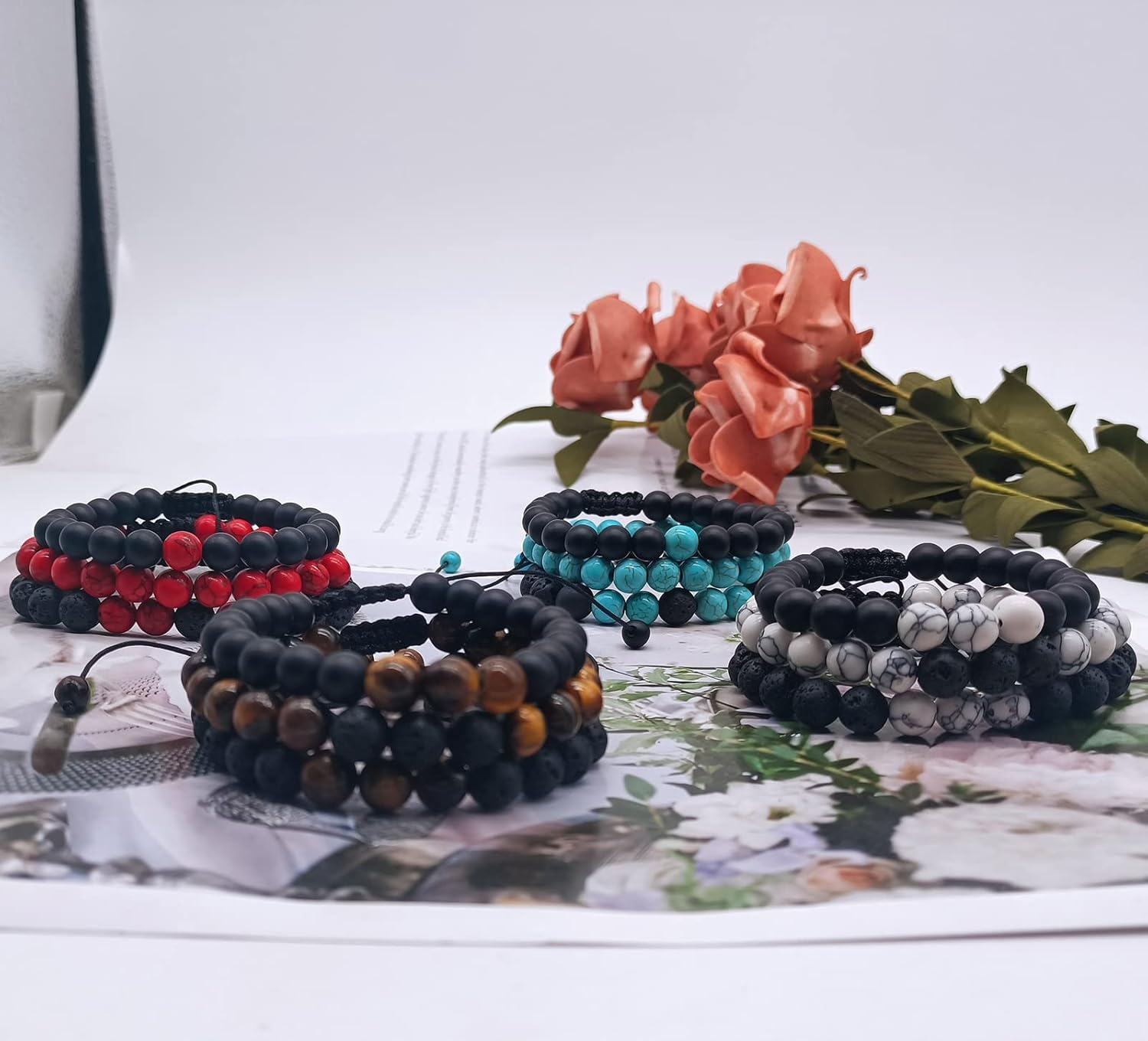 Miniatura 7 de CASDAN 12 pulseras de cuentas para mujeres y hombres de 0.315in de ojo de tigre, pulsera ajustable de piedra de lava, aceite esencial, ansiedad,