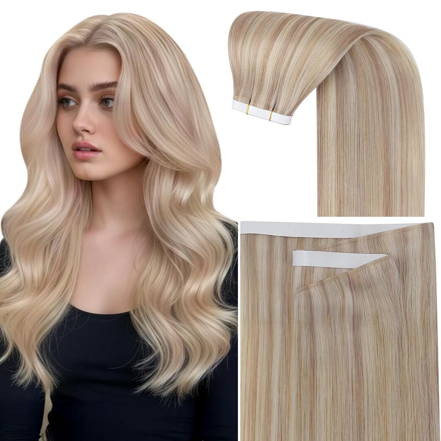 Sunny Hair 24 Inch Tape-In Weft Extensions Human Hair Ash Blonde Highlight Bleach Blonde 50g Invisible Genius Weft