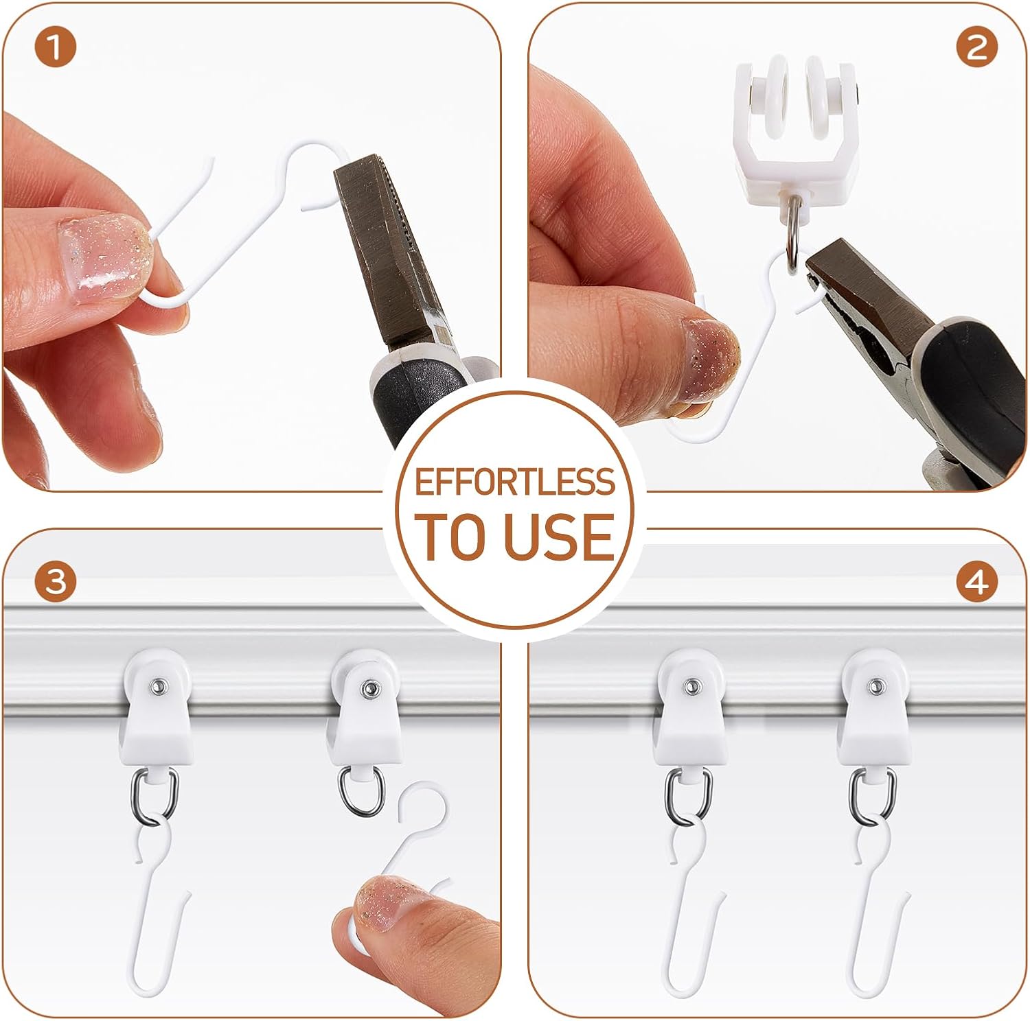 Jetec 120 Pcs Curtain Track Hooks Rollers Ceiling Mount S Hooks, White | Metal Curtain Hooks for Track System, Straight Curved Rollers for Drapery Tracks, Replacement Parts for Ceiling Mount Curtain
