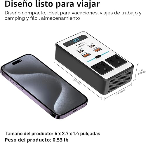 Miniatura 5 de 200W Inversor de corriente para automóvil DC 12V a 110V AC, adaptador de encendedor de cigarrillos con enchufe [65W USB-C]/cargador USB rápido