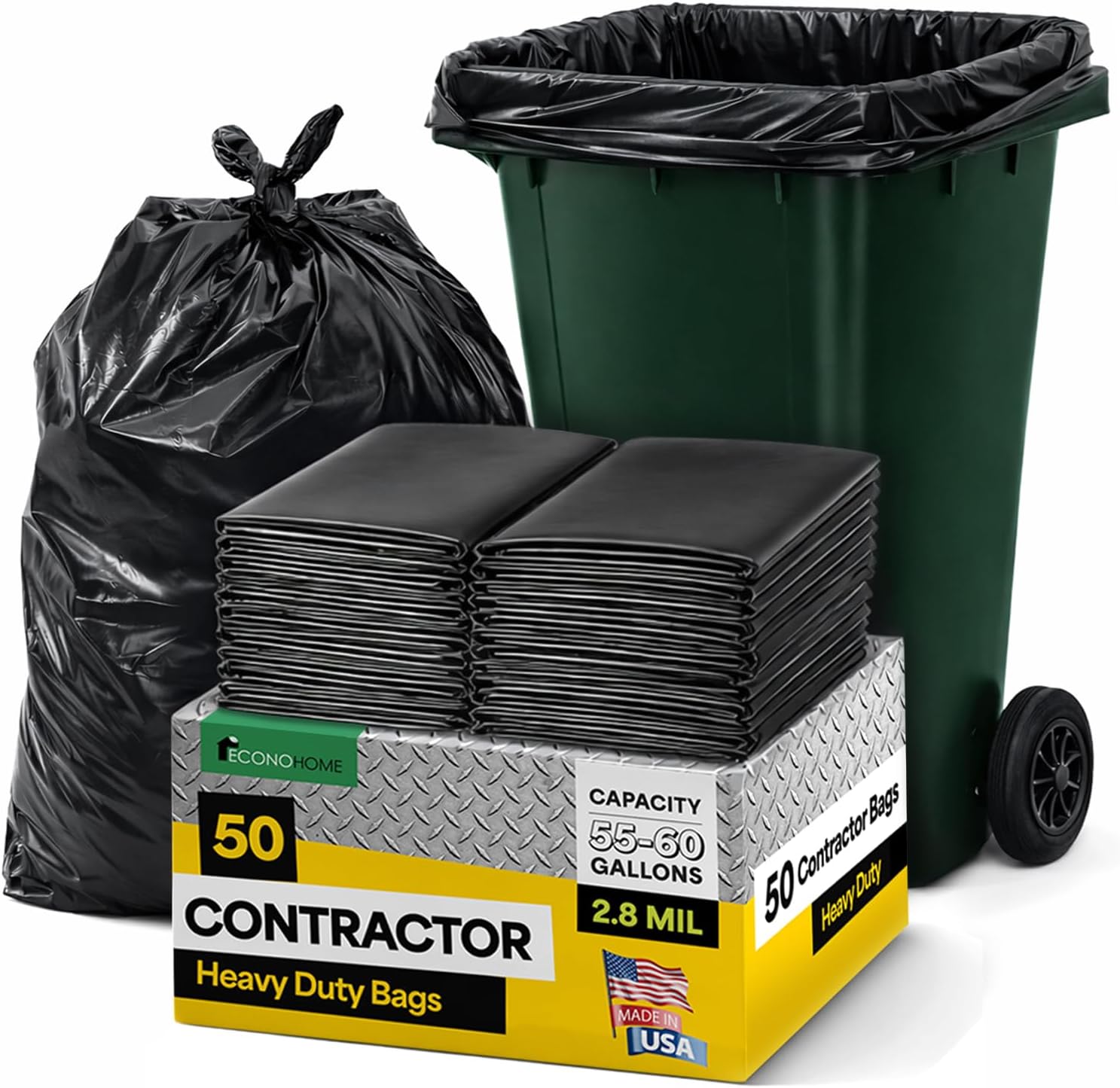 EconoHome 55-60 Gallon Contractor Garbage Bags - 2.8 Mil Extra Thick Heavy Duty Trash Bags for Construction, Lawn & Yard Cleanup, Demo & Commercial Use - Made in USA - Extra Large, 38x53" - 50-Count