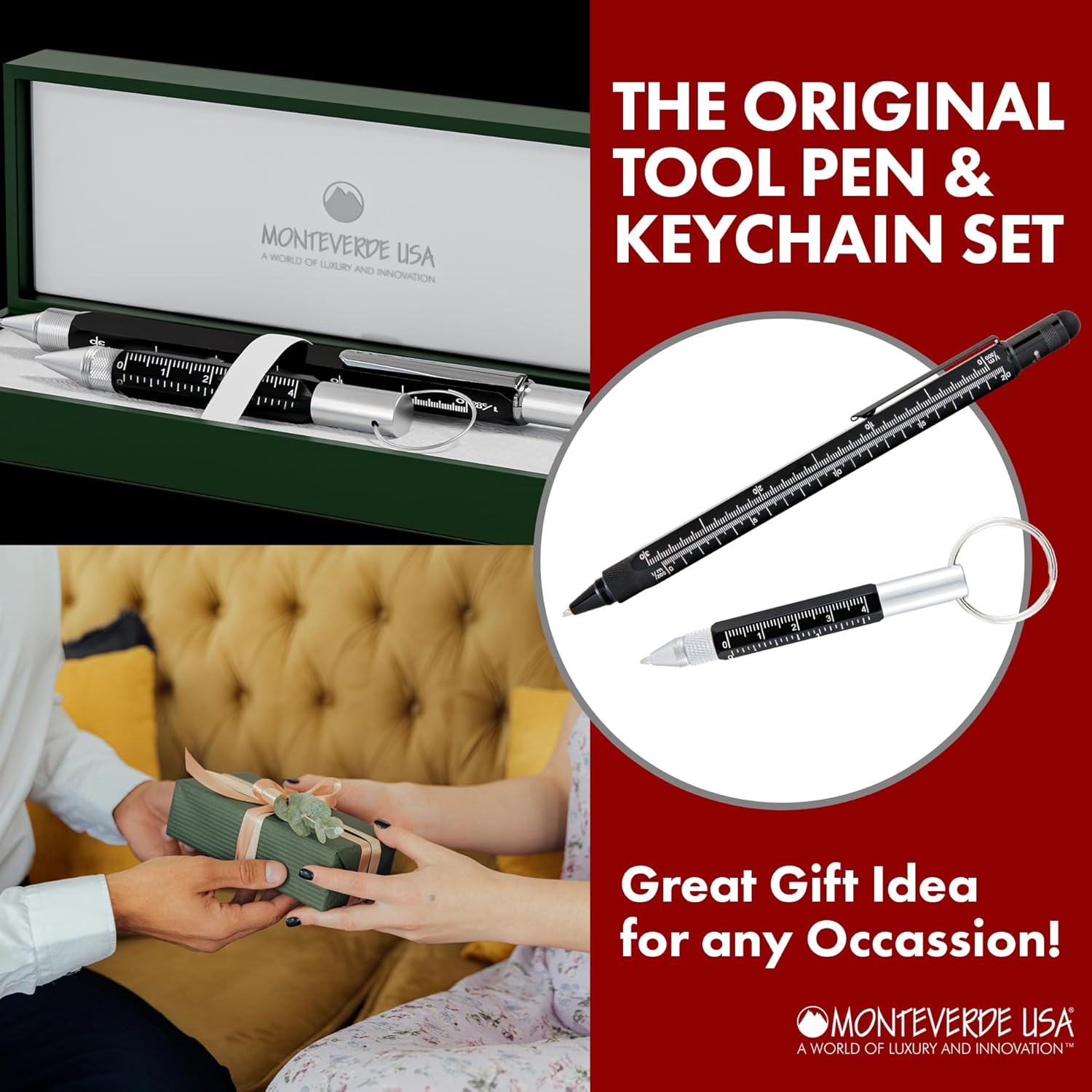 Monteverde One Touch Tool Set Ballpoint Pen with Stylus Black + Tool Pen Keychain – 6-in-1 Multifunction Pen Set from Exclusive Collection – Ideal Gift for Professionals (MV35468)