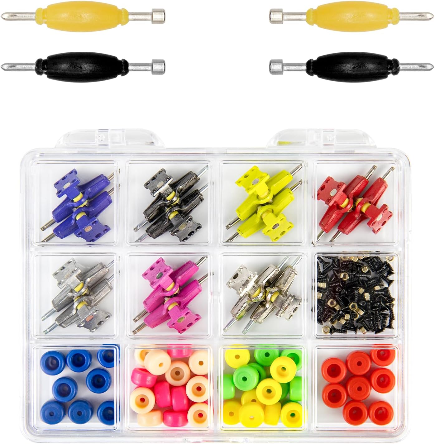 SIXPOINTS 156 Pieces DIY Fingerboard Making Kit Case-31mm Multicolour Trucks,Wheel, Screws,Nuts,Spanner,Compatible with Most Finger Board Repair Replace Tool (Multicolour Trucks Repair Box)