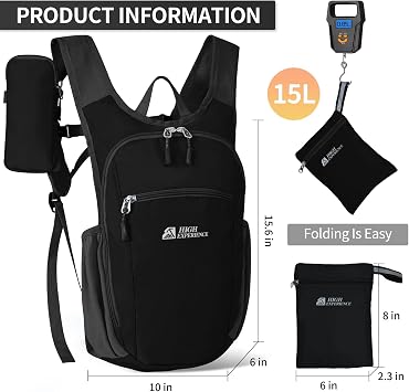 Hiking Backpack 10L/15L Small Daypack Lightweight Packable Travel Foldable Water Resistan for Women Men (Black, 15L)