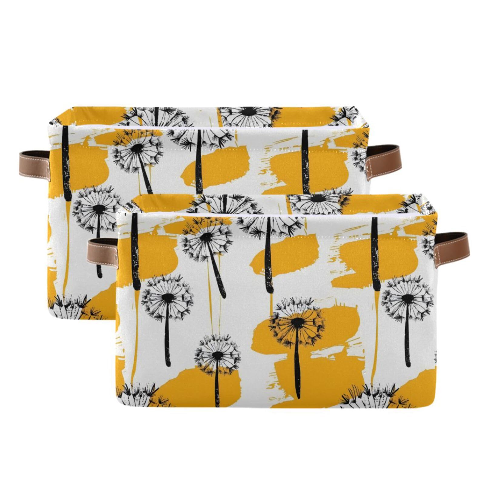 Mnsruu Foldable Storage Basket Dandelion Yellow Flower Large Fabric Storage Box with Handle Large Cube Bins for Closet Toys, 2 Pcs