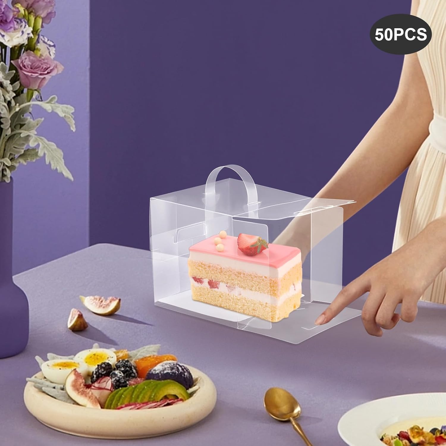 50Pcs Clear Cake Boxes, Mini Cupcake Boxes Cake Carrier Box with Lid and Handle Square Dessert Boxes 50 Sets Square Clear Cake Boxes for Birthday Wedding Home Party Hotel (4.33*4.33*4.33in)