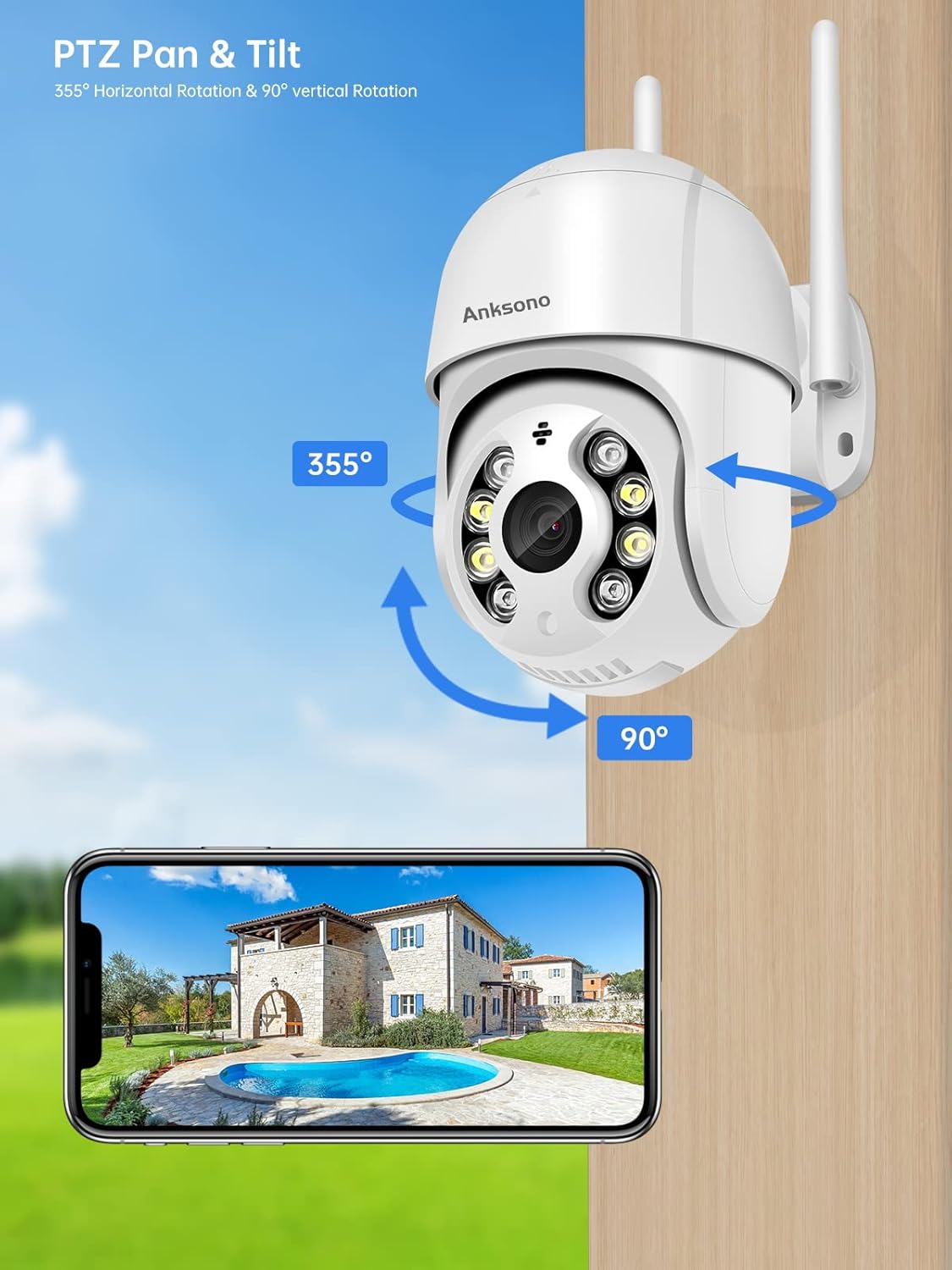 Diagram showing the 355-degree horizontal and 90-degree vertical rotation capabilities of the PTZ camera, with a smartphone displaying the camera's view of a house and pool.