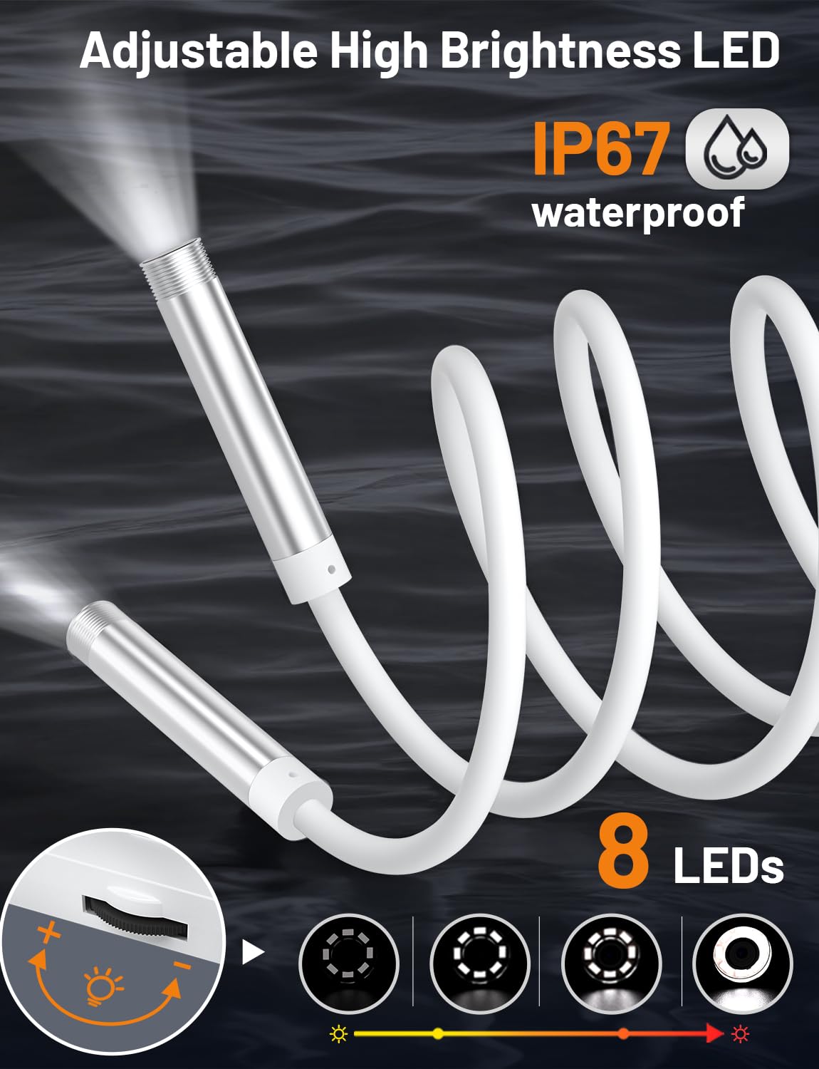Endoscope Camera, Endoscope Camera with Light 1920P HD with 6FT Semi-Rigid,8 Adjustable LED Light,8mm IP67 Waterproof Inspection Ca mera Only for iOS