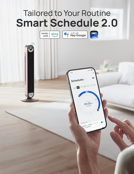 DREO Tower Fan for Bedroom, 90 Oscillating Standing Fan with 28ft/s Velocity, 20dB Quiet for Sleep, DC Motor, 9 Speeds, 4 Modes, 12H Timer, Voice & APP & Remote Control, Starlight