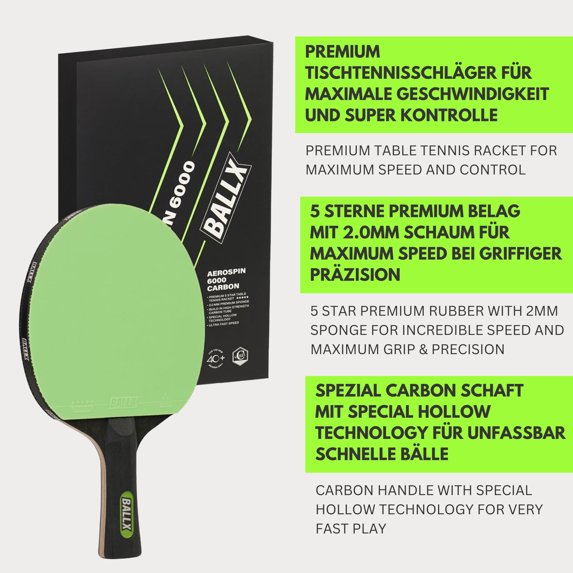Pro Carbon - Racchetta da Ping Pong Professionale AeroSpin 6000 | 5 Stelle | Cazzuola da Ping