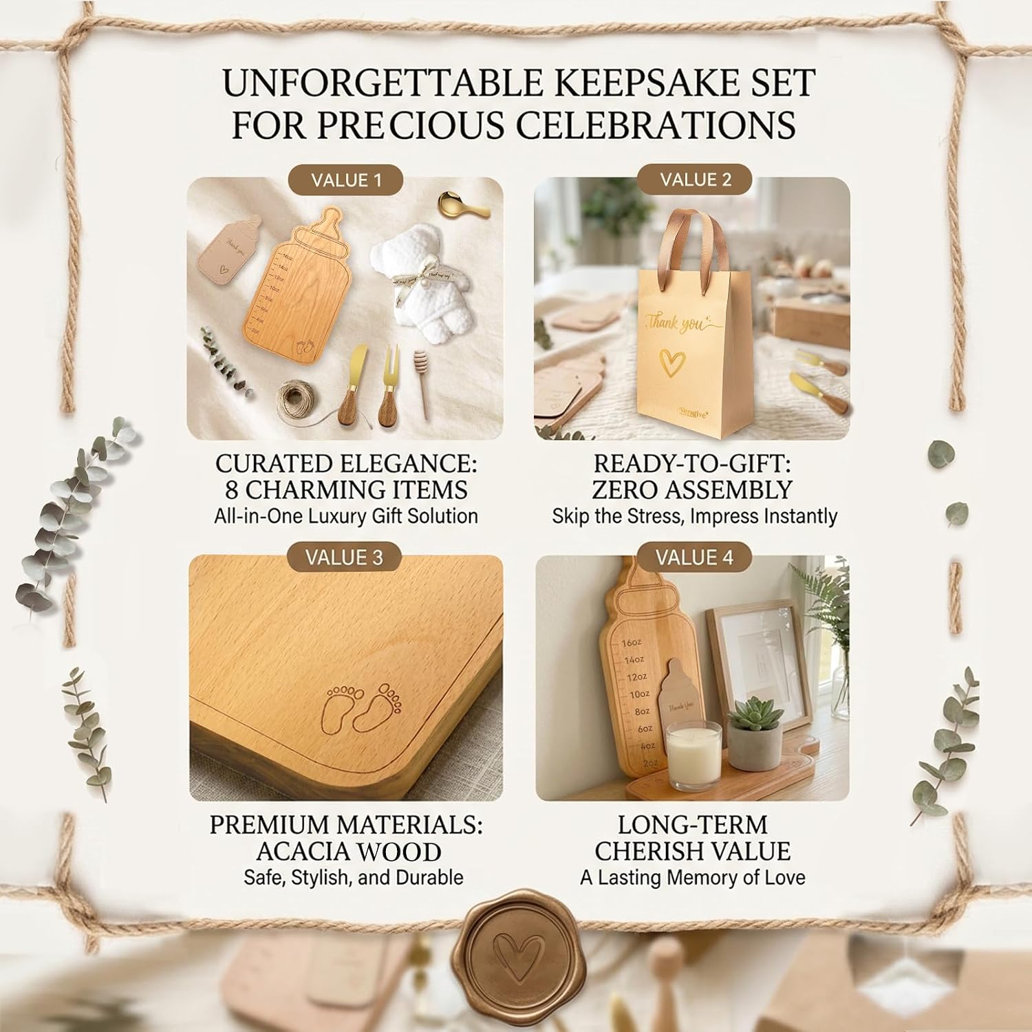 Baby Bottle Shaped Acacia Wood Cheese Board Gift Set - Premium Baby Shower Prizes for Game Winners, Gender Reveal & Bridal Shower Party Favors for Guests Acacia Wood 6 Sets