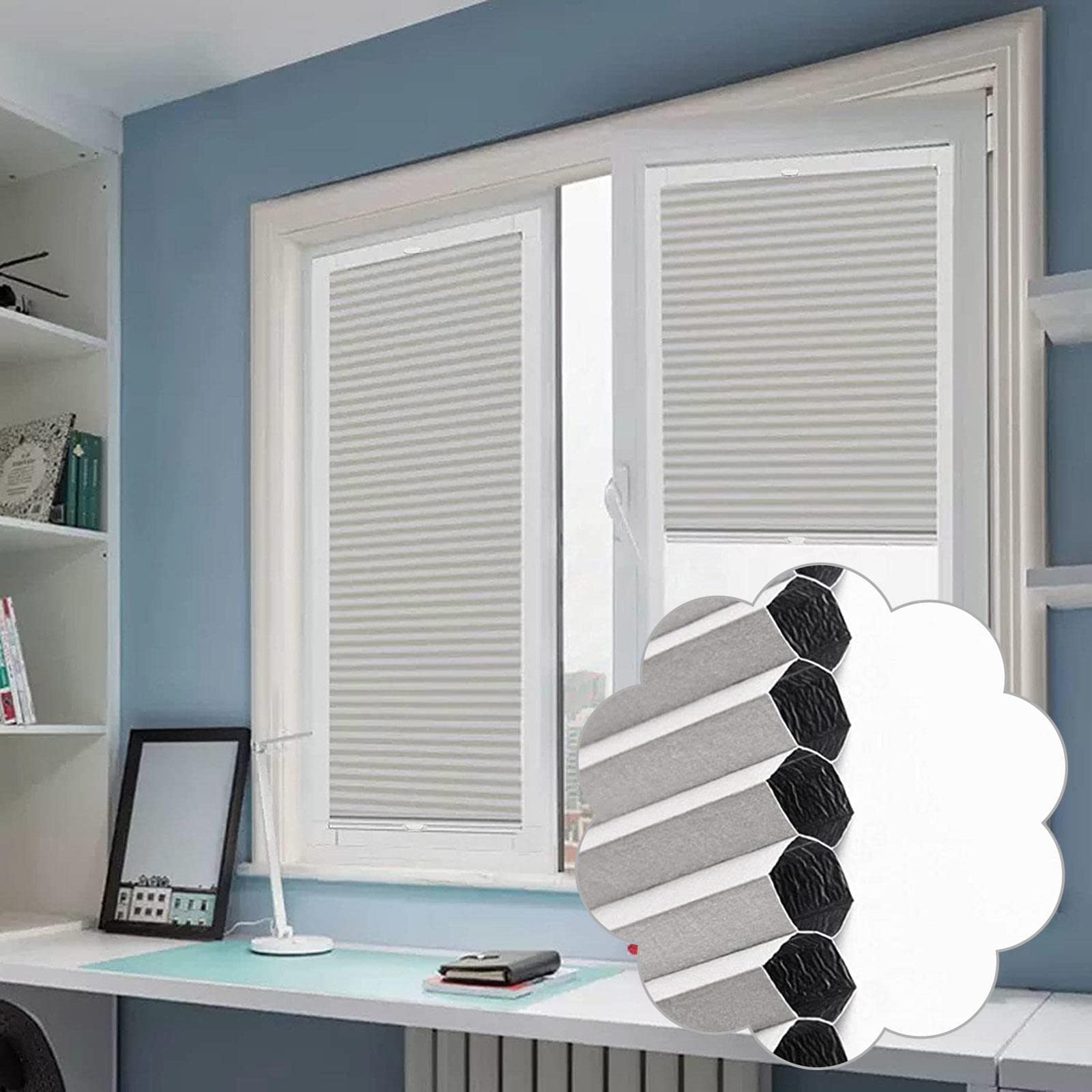 Pxzybd Blackout Cellular Shades,Grey Honeycomb Blinds for Windows,Cellular Pleated Blinds,Honeycomb Pleated Shades Thermal Curtains,Bottom Up,Top Down,for Home Office,W×H-75x100cm/29.5 * 39.4in