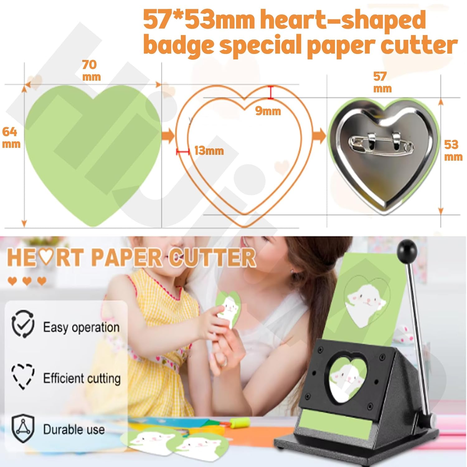 57 * 53mm Button Paper Cutter, Manual Heart Shape Button Cutter, Heart Graphic Punch&Die Cutting Machine, for Badge Making/Refrigerator Magnets/Bottle Openers/Cards