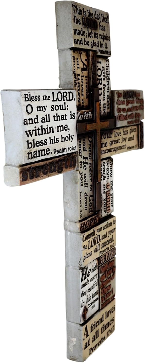 Ebros Gift Large Inspirational Wall Cross of Faith Love Hope Peace Joy Strength Worship Praise Prayer Bible Verses Quotes Psalms Proverbs Collage Style with Multi Layered Crosses Decorative Figurine