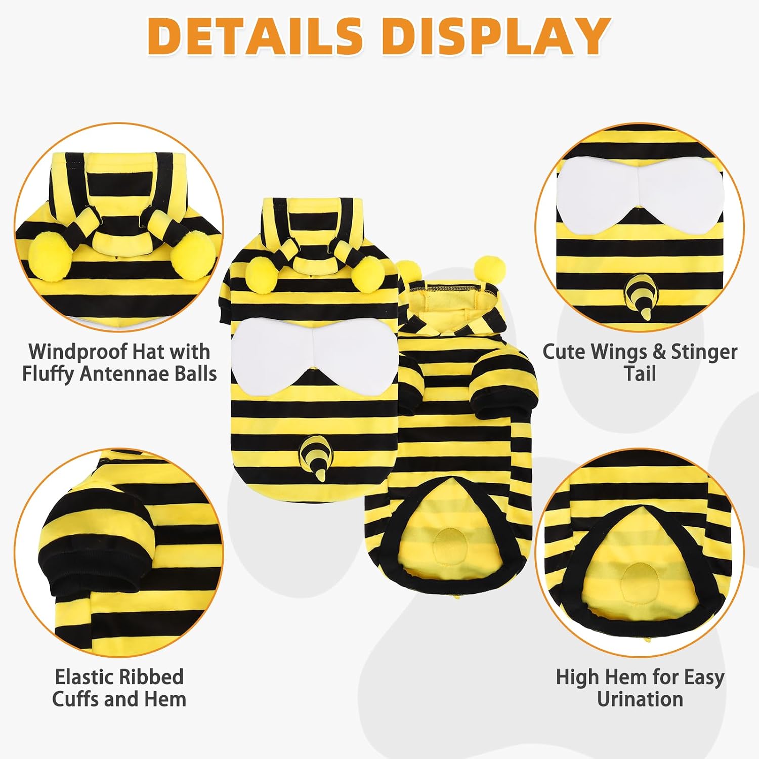 Dog Bee Costume Clothes, Fleece Funny Dog Sweater Hoodie Outfits, Pet Halloween Cosplay Cold Weather Coats with Leash Hole for Small Medium Large Dogs Pug Pitbull Corgi Puppy Gift, Yellow S