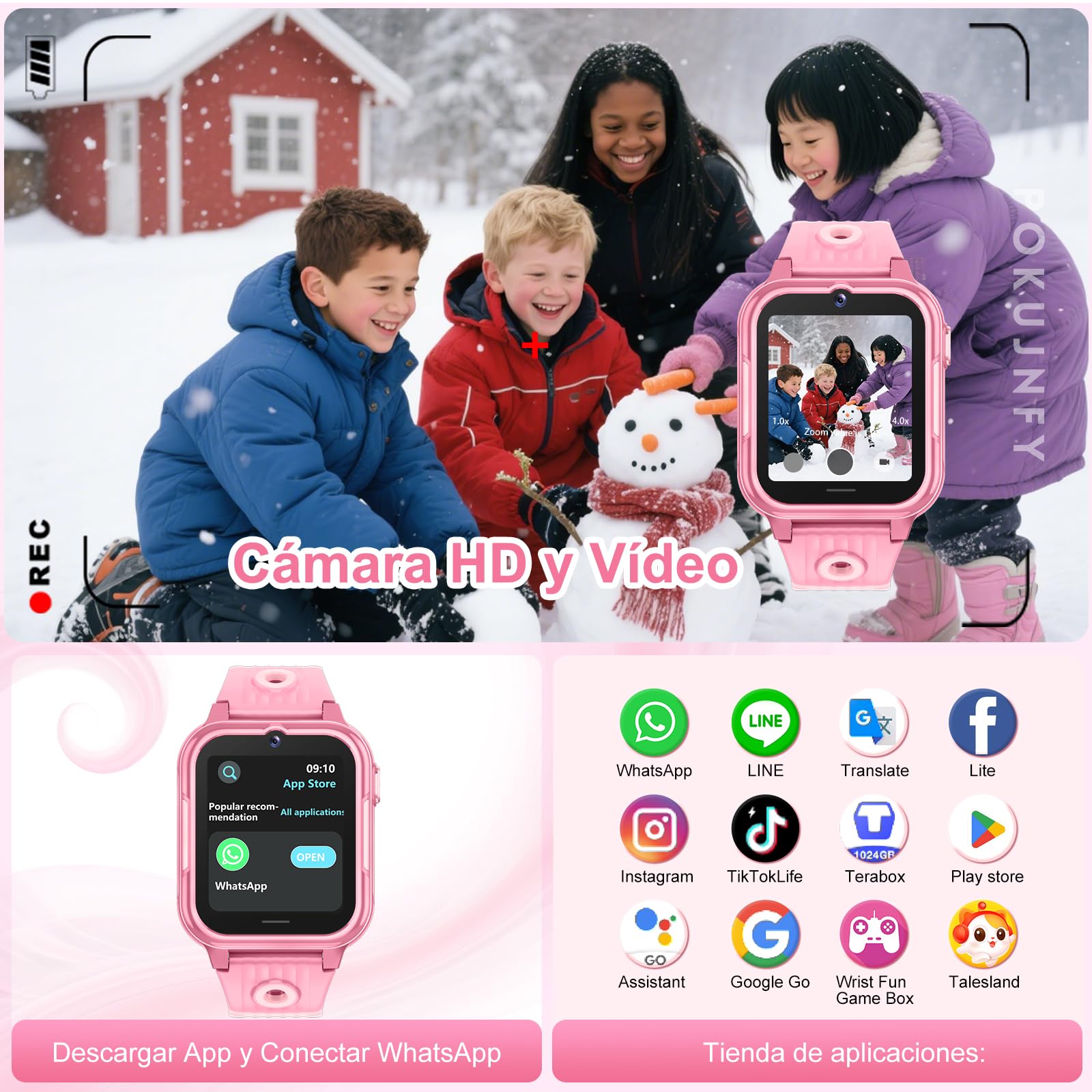 4G Reloj Inteligente Niño GPS y Llamadas Videollamadas Teléfono SOS Whatsapp Juegos Cámara Podómetro Modo Escuela Despertador Digital Impermeable Regalo para Smartwatch Niños Niña