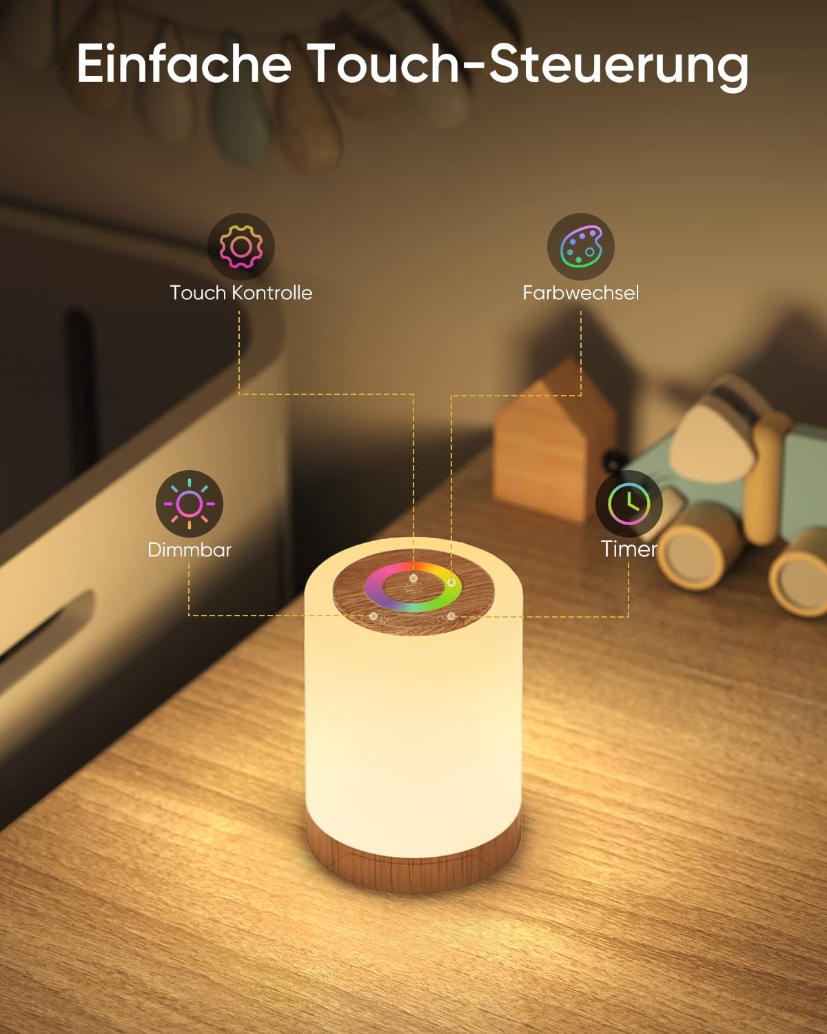 Lampe De Chevet LED Tactile Bonsery : Veilleuse 256 Couleurs RVB, Intensité Variable, Rechargeable USB Sans Fil – Idéale Chambre Enfant & Adulte