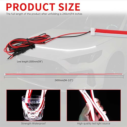 Miniatura 6 de DREAMOTOR Tira de luz para capó de automóvil de 94.5 pulgadas, luz LED dinámica exterior blanca, flexible e impermeable, tira de luz diurna