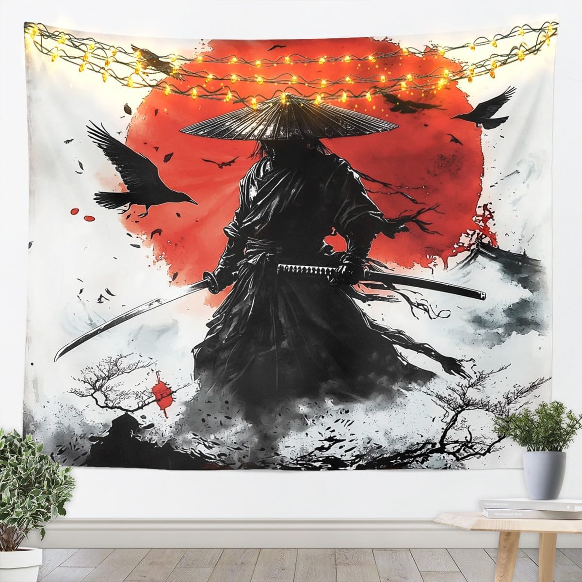 jejeloiu Samurai Tapestry Sunset Wall Art for Living Room Bedroom Japanese Style Wall Hanging Blanket Japan Home Decor Large 59"x82"